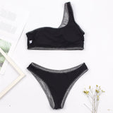 Fashion Single Shoulder Women Bikinis Set Female Shinning High Waist Swimsuit Swimwear Woman Solid Glitter Beach Bathing Suit