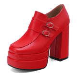 Plus Size Double Row Small Buckle Side Zipper Square Toe Double Layer Platform High Thick Heel Women's Pumps Shallow High Heels
