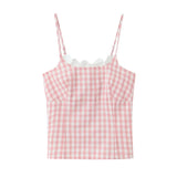 French Thin Style Sweet Plaid Camisole For Women With Lace Collar Slim Fit Semi Elastic Back Suitable For Seaside Vacations IHKJ