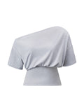 Women's Cinched Waist Blouse Tops Fashion Stylish Off Shoulder Short Sleeve Solid Color Shirts Summer Elegant Shirts Streetwear