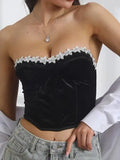 Sexy Tube Top For Women Outerwear Waist Cincher Fishbone Strapless Top Satin Smooth Surface Beaded Flower Embroidery Top DZIE