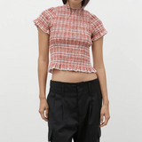 Women Casual Summer Plaid Print Shirred Tops Slim Mock Neck Short Sleeve Crop Ruffle T-shirts Streetwear