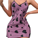 Women's holiday imitation silk four seasons love print fashion V-neck open elegant slip nightdress