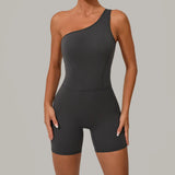Summer One Shoulder Yoga Short Jumpsuit Women Sexy Cut Out Backless Scrunch Booty One Piece Suit Gym Workout Fitness Clothes