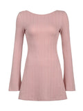 Women Spring Autumn Mini Dress Long Sleeve Crew Neck Backless Solid Color A-line Dress for Party Club