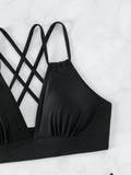 Sexy Solid Black Two Piece Swimsuit for Women Summer New High Waist Bikini Set Beach Vacation V-neck Backless Swimwear 2026