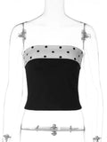 FDYOUI Women's Summer Polka Dot Patchwork Black Corset Sexy Off Shoulder Slim Crop Tops Streetwear Y2K Girls Backless Tank Top