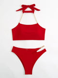 DEKA Women Push Up Metal Chain Neck Bikini Set Shoulder Straps High Waist Bottom Swimwear Women Swimming Beach Bathing Suit