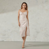 Women Summer Floral Print Party Club Midi Dress Sleeveless Spaghetti Strap Bustier Backless Thigh Slit Slim Dress