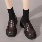 Brown Pu Leather Platform Loafers for Women British Style Round Toe Thick Heel Pumps Woman Slip On High Heels Office Shoes Lady