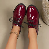 British Style Versatile Lace-Up Patent Leather Women's Single Shoes round Toe Flat Heel Summer Pure Color Adult Footwear