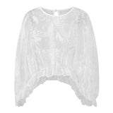 Women Solid Color Lace Tops Crew Neck Flower Cover-up Summer Sheer Tops Clubwear for Casual Daily
