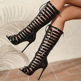 Big Size 42 Lace-up Thin High Heels Gladiator Sandals Women Sexy Black Dancing Party Shoes Stiletto Summer Knee High Boot Zipper