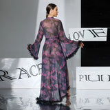 2026 New Women Elegant Butterfly Print Mesh Robe Big Flare Sleeve Lace Up Tassel Fringe High Slit Bathrobe Loungewear