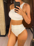 New Wrinkled One Shoulder High Waist Bikini Female Swimsuit Women Swimwear Two-Pieces Bikini Set Bather Bathing Suit Swim V5857
