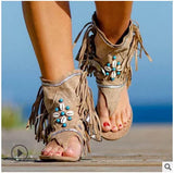 Retro Women Fringe Flower Wedges Shoes 2022 Solid Flock Beach Casual Sandals Women Summer Flip Flop Sandals