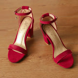 Beige Suede Ankle Strap Block Heel Sandals for Women, Round Open Toe with Rhinestone Accent, Multiple Colors Available