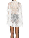 Women See Through Lace Dress Layered Flare Long Sleeve Crew Neck Ruffle Dress for Party Cocktail Club Dress Cover-ups