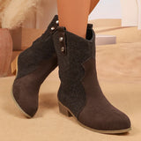 Brown Pu Leather Pleated Ankle Boots Women Plus Size 36-43 Thick Heeled Western Booties Mujer 2025 Slip On Cowboy Boots Woman