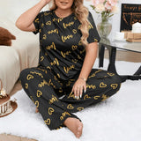 Plus Size 3XL 4XL 5XL Sleepwear Women's Heart Letters Print Pajamas Set Casual Short-Sleeve Top and Pants Loungewear