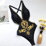 2026 New Sexy One Piece Swimsuit Swimwear Women Black Vintage Retro Print Deep V-neck Bathing Suit Beachwear Cross Back Straps