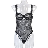 Toucheart Sexy Mesh Patchwork Embroidery Jumpsuit For Women Lace Sling Underwear Solid Color Sexy See-Through Backless Jumpsuit