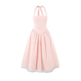 French Style Backless Cross-strap Halter Neck Dress For Women With Hard Mesh Panels Waist-cinching Pleated Large Hem Casual FYR0