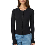 Autumn Winter Sweater Cardigan Women Solid Color Long Sleeve Round Neck Button Up Ribbed Knitwear Slim Coat
