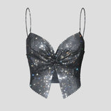 Toucheart Sexy Bow Knot Rhinestones Perspective Suspender Bra For Women Sexy Hottie Fishing Slit Lining Sleeveless Backless Bra