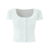 Sweet Lace Doll Collar Puff Sleeve Women's Shirt With Single Breasted Buttons Hollow Jacquard Slim-fit Pure Desire Elegant 6VN3