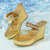 Fashion Crystal Wedges Heels Sandals Women Woven Clip Toe Chunky Platform Sandles Woman Summer Gold Silver High Heeled Slippers