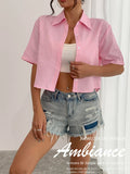 Y2K Style Pink Striped Crop Blouse for Women Short Sleeve Lapel Button-Up Women's Shirt Back Tie Top Lady Summer Casual Outfit