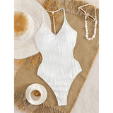 S - XL Sexy Pearls Wrinkled V Neck Women Swimwear One Piece Swimsuit Female Backless High Cut Leg Bather Bathing Suit Swim V7720