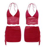 Women Lace Flower 2 Piece Sets Sleeveless Corset Cami Tops + Cut Out Tie-up Mini Skirts Sets Sexy Streewear