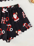 Christmas Santa Claus Element Print Pajama Set for Women's Sleepwear 2 Pieces Crop Tops and Shorts Homewear Loungewear