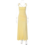 FDYOUI New Fashion Sleeveless Bandage Long Evening Dresses for Women 2026 Spaghetti Strap Lace-up Tunics Folds Party Prom Dress