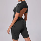 Summer Zipper Workout Jumpsuit Sports Overalls Women Running Fitness Short Sleeve Yoga Bodysuit