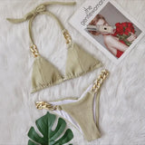 9 Colors Sexy Bikini Women Shining Fabric Golden Rhinestone Chain Swimwear Swimsuit Solid Halter Bikinis Set Bathing Suit Female