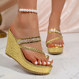 Fashion Crystal Wedges Heels Sandals Women Woven Clip Toe Chunky Platform Sandles Woman Summer Gold Silver High Heeled Slippers