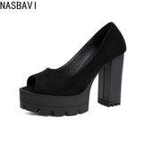 Ladies Vintage Flock Black Peep Toe Pumps Classic Summer Chunky High Heels Women Slip On Party OL Single Shoes Big size 36-46