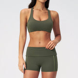 Tight Color Contrast Yoga Suit 2 Pieces Women V Neck Sports Bra Pleate High Waist Shorts Gym Running Fitness Suits Tracksuit