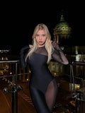 AHAgaga Winter Sexy See Through Mesh Rompers Women Jumpsuits Fashion O-Neck Zipper Skinny Slim Jumpsuit Woman Midnight Overalls