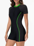 2026 Zipper Slim One Piece Swimsuit Women Padded Short Sleeve Swimwear Female Bather Bathing Swimming Swim Surf Suit Beachwear