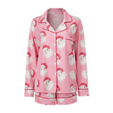 Women's Christmas Two Pieces Pajama Set Long Sleeve Lapel Santa Claus/Christmas Tree Print Shirt Shorts Loose Sleepwear