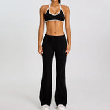 Breathable Yoga Suit for Women Color Contrast Shockproof Sports Bra Drawstring High Waist Pants Gym Running Fitness Suits
