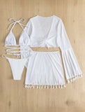 Sexy 4pcs Boho Tassels Trim Bikinis Sets Ladies Padded Bikini Set +cover Up Tops Skirts Beachwear Bathing Suit Biquini Monokini