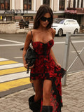 Ahagaga 2025 Summer Fashion Women's Straps Dresses Print Asymmetrical Chiffon Floral Streetwear Skinny Trailing Yk2 Vestidos