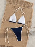 2026 Trendy String Bikini Set Triangle Top Side Tie Bottoms with Metallic Pendant  Solid Color Contrast Trim Women Swimwear