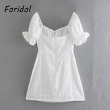 Foridol White Lace Summer Dress for Women Flower Embriodery Cotton Mini Dress Puff Sleeve Lace Up Ruffles Short Beach Dress