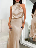 Foridol One Shoulder Turtleneck Tank Satin Women Party Dress Robe Zip Sleeveless Elegant Vintage Folds Women Clothing 2025